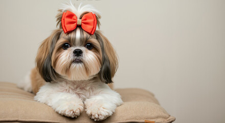 Shih tzu dog with red bow accessory lying on beige sofa against neutral wall. Well-groomed pet with elegant hair decoration for pet fashion marketing and grooming salon advertising