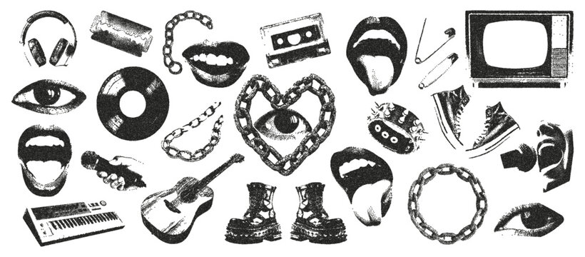 Photocopy stipple music with collage elements. Vinyl record,microphone, eyes, mouth, chain, synthesizer, drums, sneakers, chain, headphones. Vector illustration of grunge dadaism texture icons.