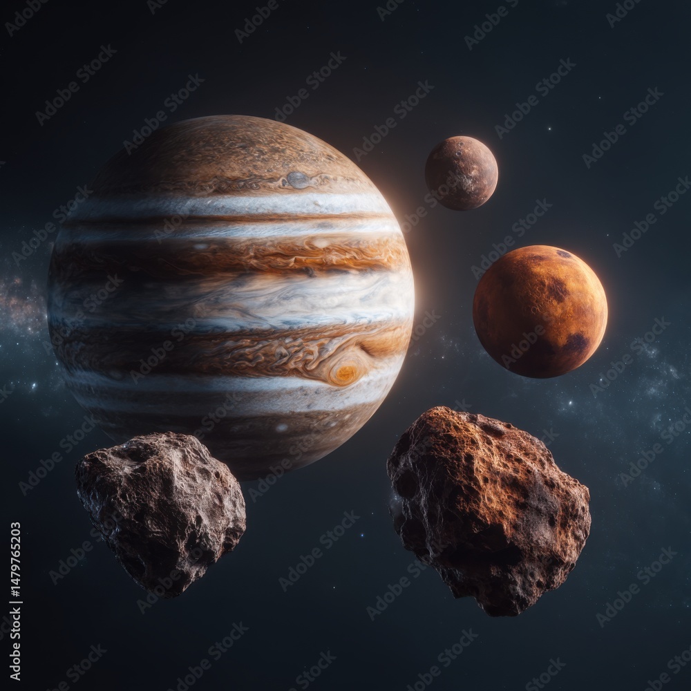 Poster jupiter and moons in deep space exploration digital art detailed rendering outer planets and asteroi