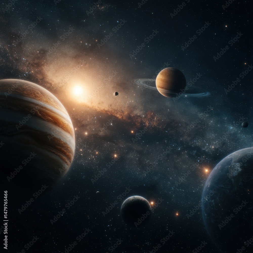 Aufkleber planets in deep space with galaxy background, wide angle view of celestial bodies and stars in unive