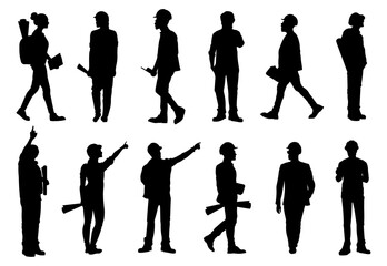 Collection of flat vector illustrations architects engineers and construction workers in silhouette