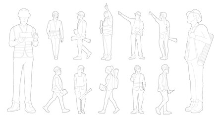 Flat vector illustration collection architect engineer and construction worker in editable outlines