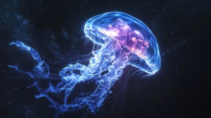 Glowing jellyfish in deep ocean
