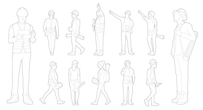 Flat vector illustration collection architect engineer and construction worker in editable outlines