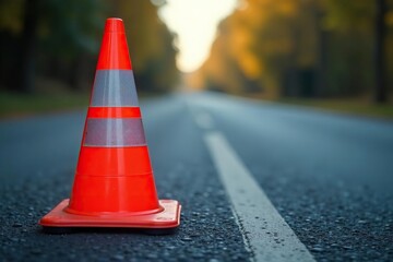 Close-up of a brightly colored safety cone on a road, signifying a cautionary measure , color, safety equipment