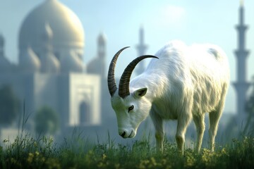 Fototapeta premium White goat in a field foreground, mosque background.