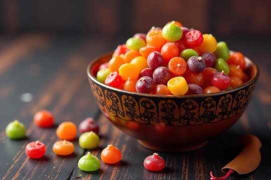 A colorful assortment of Halloween candy in a decorative bowl , festive, colorful, fall