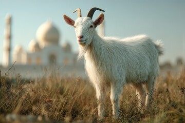 Obraz premium White goat stands in front of a magnificent white building.