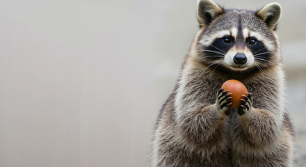 Raccoon holding brown egg with both paws against neutral background. Wildlife feeding behavior for nature documentaries and environmental education programs