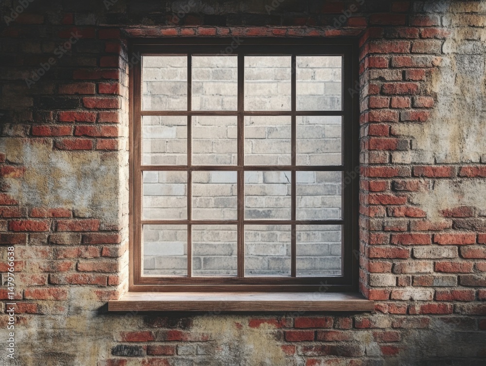 Aufkleber window in brick wall architecture view from front angle with wooden frame and sill in urban setting