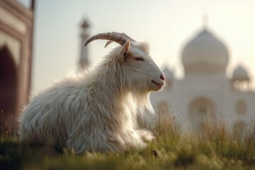 Obraz premium Fluffy white goat resting amidst greenery near a magnificent structure.