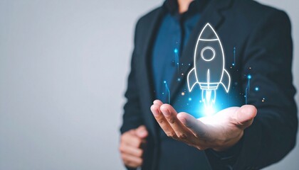 Businessman Holding Holographic Rocket Symbolizing Startup Launch and Innovation, Emphasizing Technological Advancement and Entrepreneurial Success