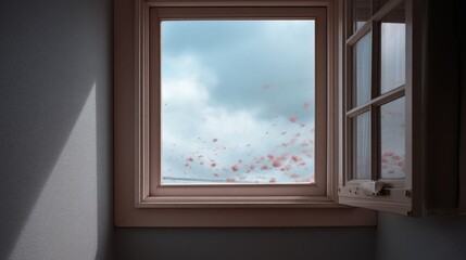 Fototapeta premium A window frames a sky scattered with gentle, floating petals, merging the indoors with the serene beauty of nature, bringing tranquility and dreams.