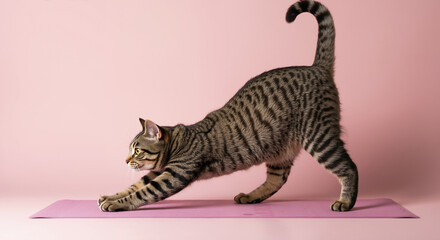 Tabby cat stretching on pink yoga mat against matching background. Feline demonstrating natural flexibility and exercise pose for pet fitness awareness and animal wellness campaigns