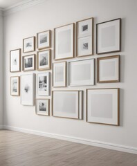 Modern gallery wall mockup  Various sized & styled frames on white wall ,  house,  shapes