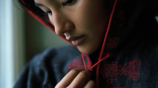 A contemplative portrait captures a woman in a red-stitched black hood, reflecting introspection and cultural depth in soft lighting. - Powered by Adobe