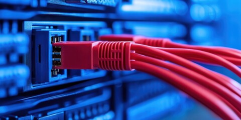 It Cables. Network Connection with Red Ethernet Cables and Blue Internet Switch