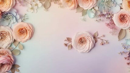 Obraz premium Pastel roses and delicate white flowers frame a soft, gradient background in dreamy floral design