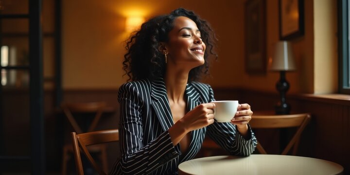 Young woman smiling while holding a coffee cup in a cafe
