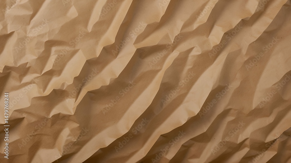 Poster abstract composition of textured and crumpled brown paper creates a dynamic surface pattern.
