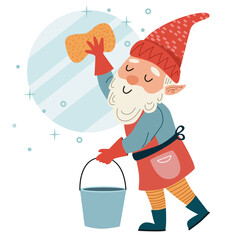 Cute gnome washing a mirror with a sponge and a bucket. Cartoon gnome with a beard and a red cap doing spring cleaning of the house.