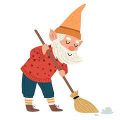 Scandinavian gnome helping with house cleaning, sweeping dust with a broom, vector illustration in flat cartoon style