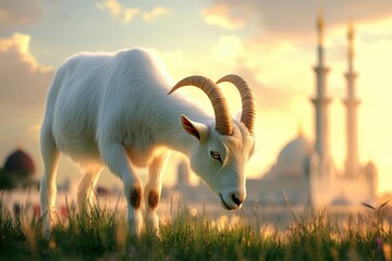Obraz premium White goat grazing in a sunrise landscape near mosques.