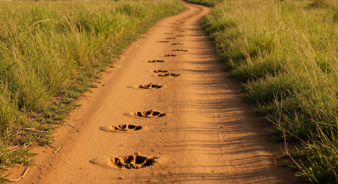 Animal footprints on dirt path winding through grassy savanna. Trail of wild animal tracks showing wildlife presence for safari tours and nature conservation awareness campaigns