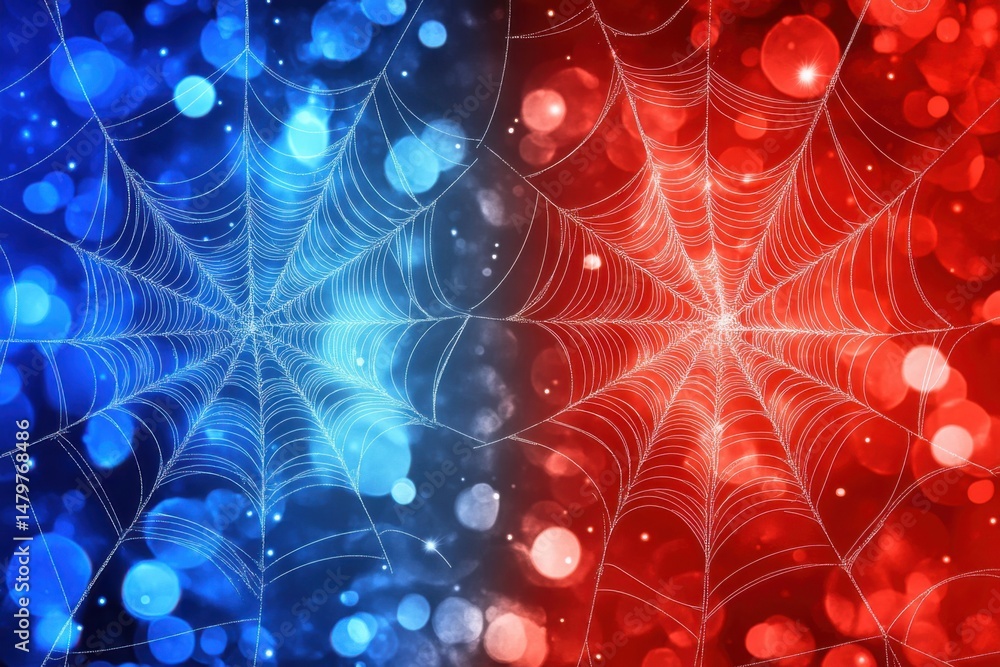 Poster spiderweb on bokeh background in blue and red tones abstract art halloween concept macro view