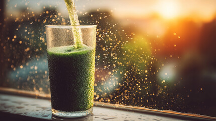 Glass of Green Juice Splashing at Sunset with Refreshing and Energetic Mood
