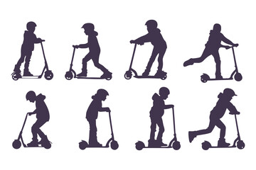 Silhouettes Set of Kids Riding Scooters in Action Poses. Jumping, Pushing, Performing Tricks. Vector Clipart Vector Illustration.
