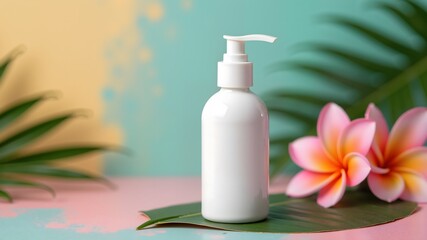White pump bottle with tropical flowers and leaves on a colorful background. Captures the essence of a spa setting, representing beauty, self-care
