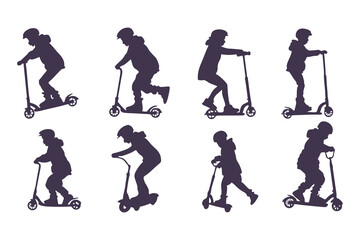 Silhouettes Set of Kids Riding Scooters in Action Poses. Jumping, Pushing, Performing Tricks. Vector Clipart Vector Illustration.