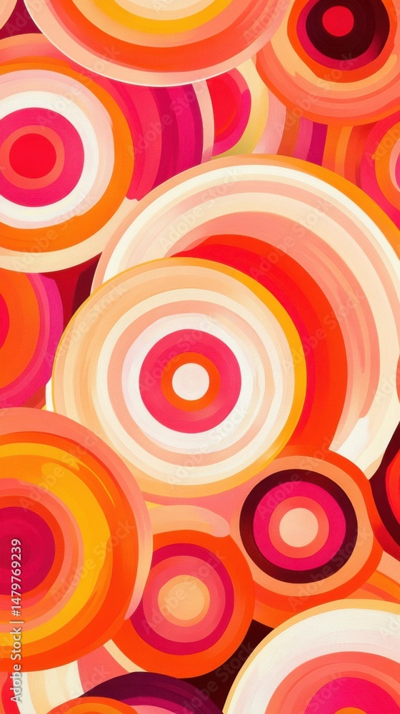 Poster abstract circle art in retro style with warm colors and concentric rings in a graphic design