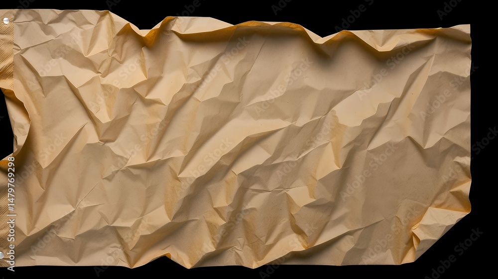 Poster textured tan paper is wrinkled and pinned to a black backdrop, creating an abstract composition.