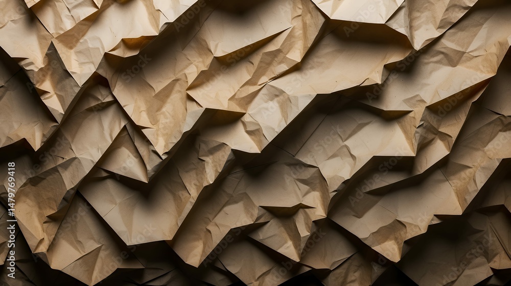 Poster abstract view of intricately folded and crumpled paper creating dynamic textures and shadows.