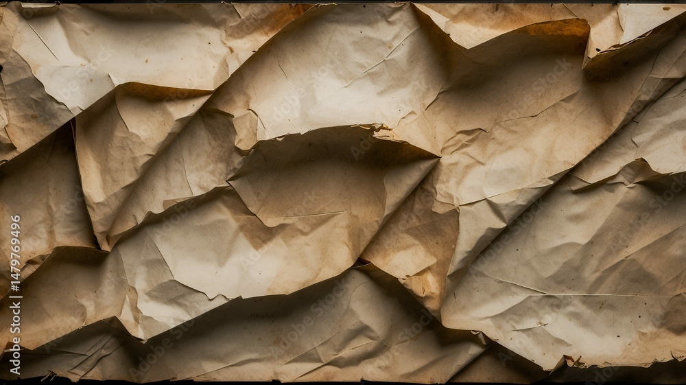 Poster wrinkled and folded parchment paper creates a dynamic, textured surface with light and shadow play.