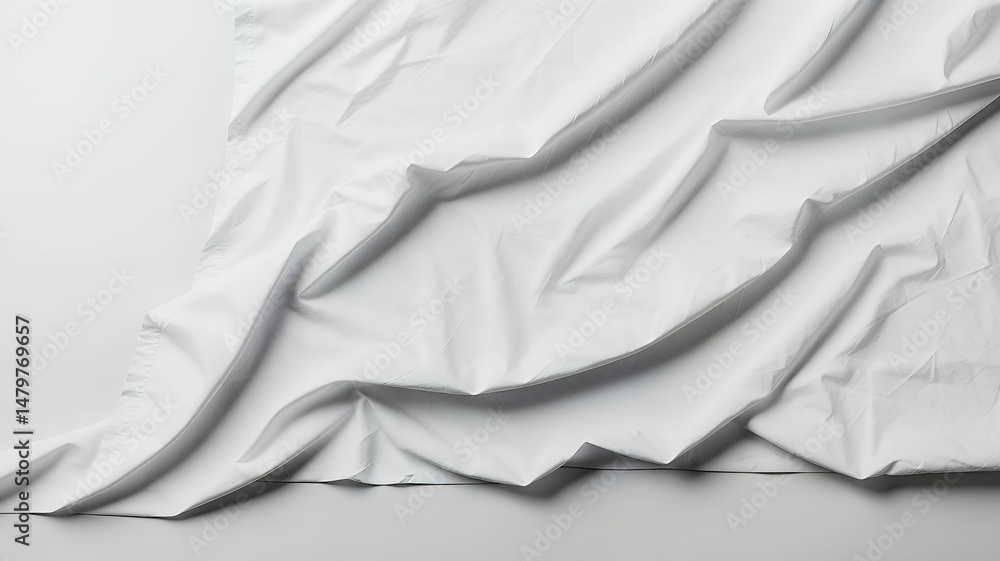 Aufkleber elegant, clean white fabric drapes softly, creating flowing abstract patterns and subtle shadows.