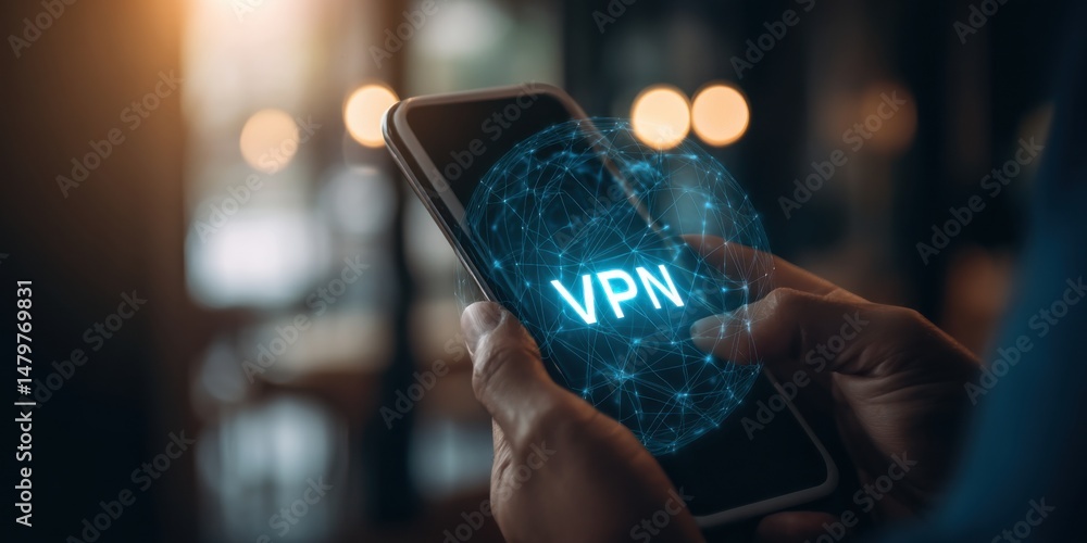 Aufkleber man using smartphone with vpn symbol glowing in a cozy indoor setting during evening hours
