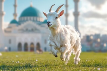 Obraz premium White goat in brisk motion before a mosque.