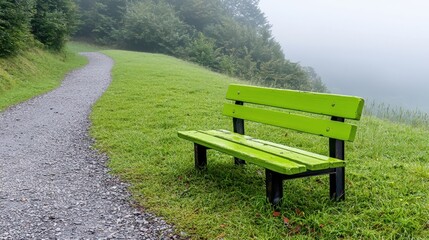 Fototapeta premium Bright green wooden bench along a quiet gravel trail in a misty, peaceful forest setting surrounded by lush greenery.