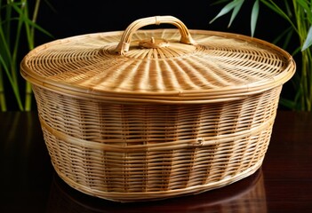 The table has a covered wicker basket