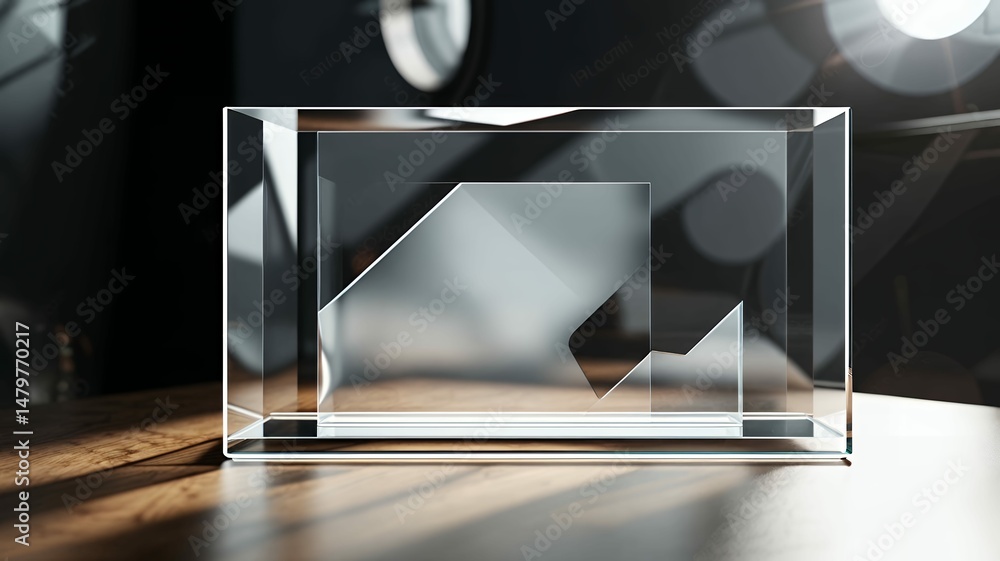 Poster abstract geometric shapes create depth and light effects with glass on a wooden surface texture.