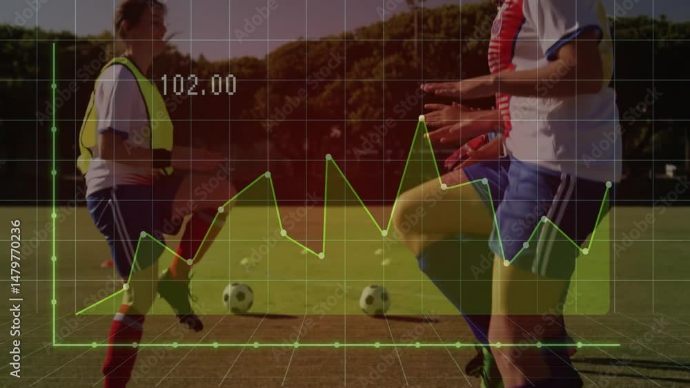 Poster soccer team executing footwork drills on field, sports analytics overlay showing performance graph