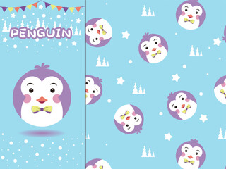 Seamless pattern with penguin and Christmas trees in cartoon style. Blue background. Perfect for kids design, decor textiles, fabric print, Christmas cards, wallpaper and wrapping paper design.