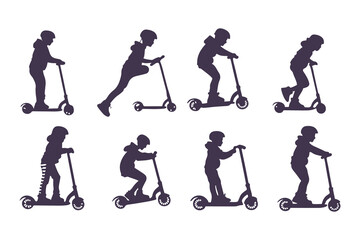 Fototapeta premium Silhouettes Set of Kids Riding Scooters in Action Poses. Jumping, Pushing, Performing Tricks. Vector Clipart Vector Illustration.