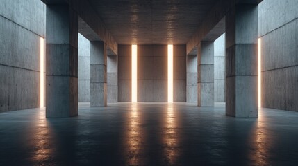 Minimalist interior with concrete columns and glowing light panels, embodying modern simplicity and spacious elegance
