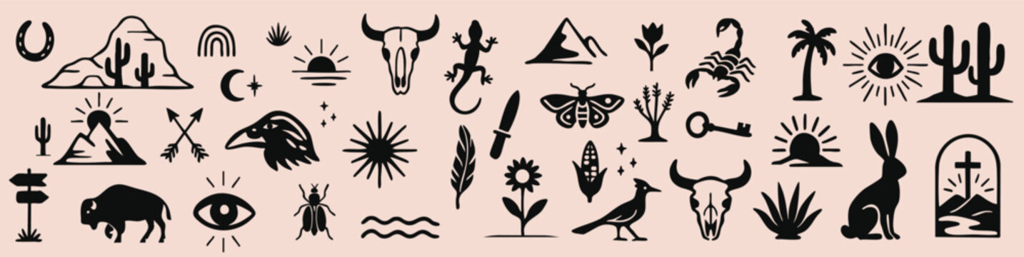 Boho western vector set with cowboy and desert elements &mdash; ideal for branding, prints, and creative projects.