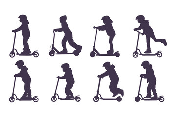 Fototapeta premium Silhouettes Set of Kids Riding Scooters in Action Poses. Jumping, Pushing, Performing Tricks. Vector Clipart Vector Illustration.