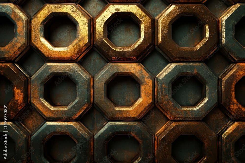 Poster rusty gold and grey octagonal shapes create a geometric pattern. use it for industrial themes, aged 